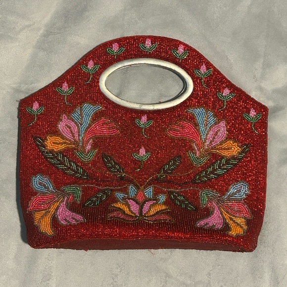 Vintage Handbags - Vintage Red Floral Beaded Handbag Purse